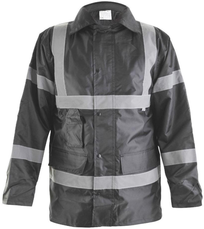 black rain jacket with reflective stripes