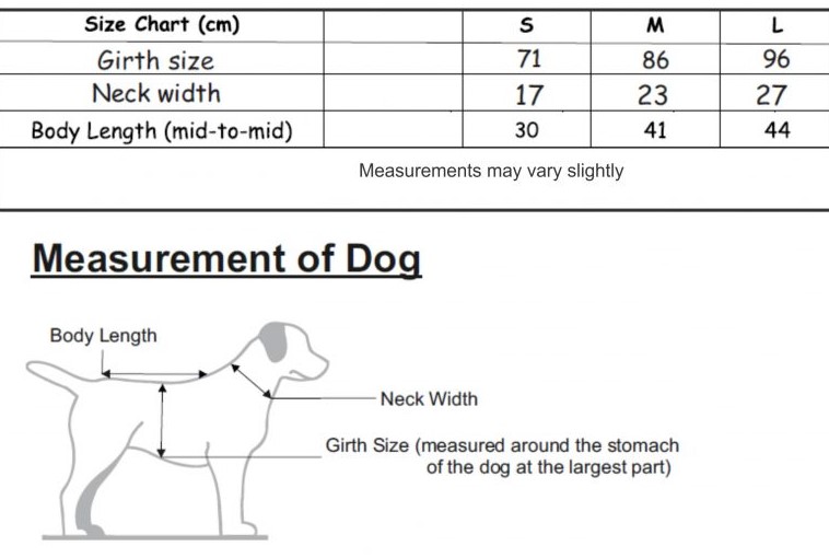Custom printed dog coat hi vis size chart