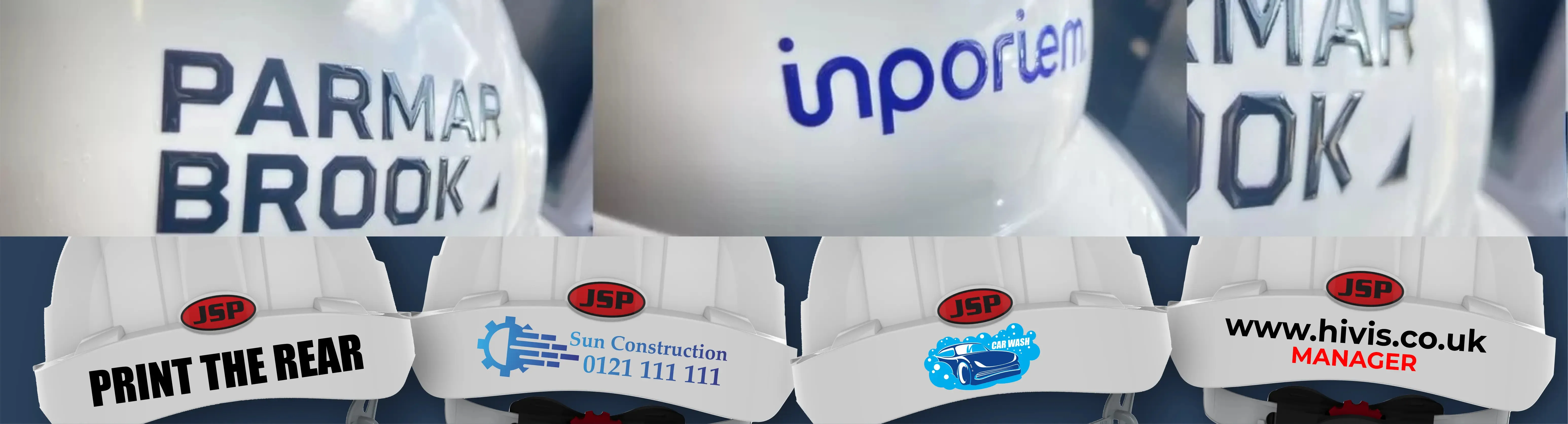 Safety helmet embossed logo close up