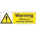 Warning beware of moving vehicles sign