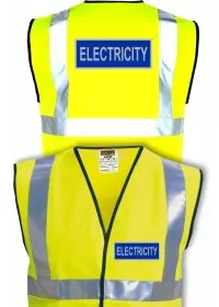 Hi Vis Vest With Blue And Silver Electricity Print And Large rear Print.