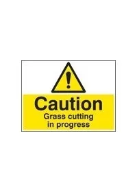 Caution grass cutting in progress sign