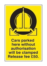 Cars parked clamped release fee £50 sign
