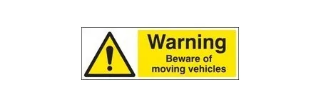 Warning beware of moving vehicles sign