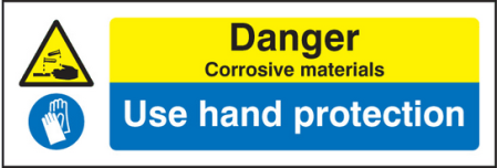 Danger corrosive materials use hand protection sign