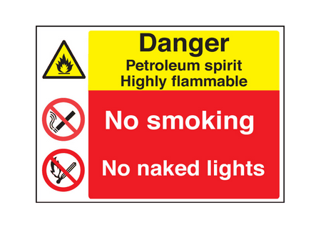 Petroleum spirit/no smoking/naked lights sign