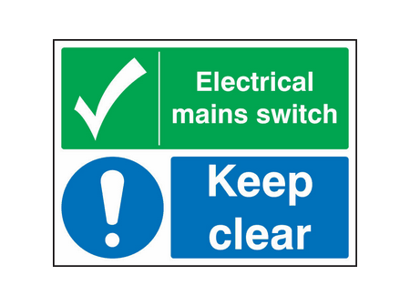 Electrical mains switch keep clear sign