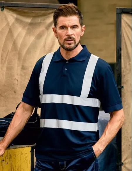 Navy Polo Shirt with hi vis stripes