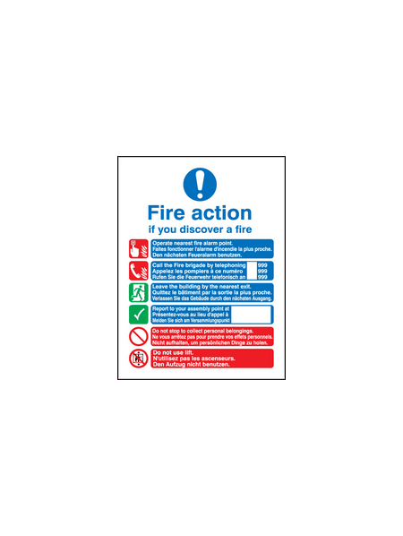 Multi lingual fire action manual lift sign