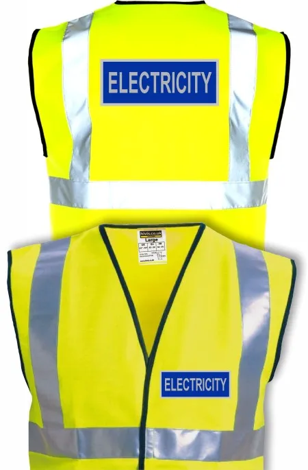 Hi Vis Vest With Blue And Silver Electricity Print And Large rear Print.
