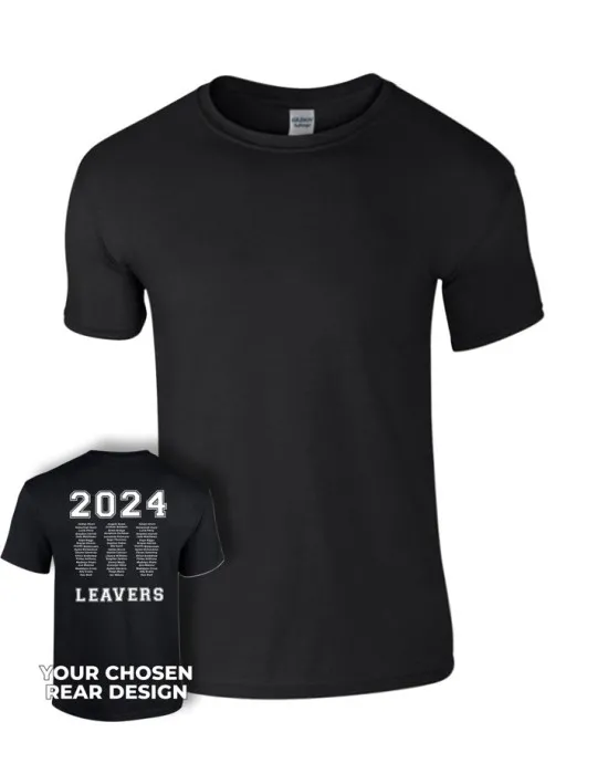 Leavers T-Shirt with students names printed to rear in 3 columns, "Design 1"