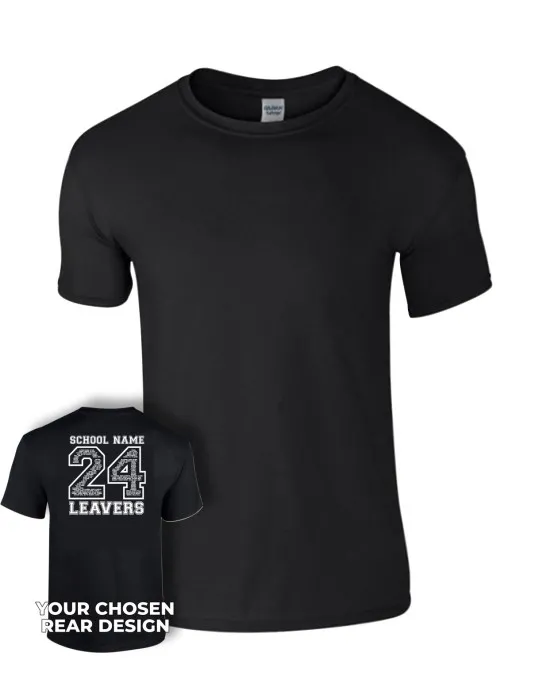 Kids Leavers T-Shirt with students names printed to rear in the number of the year & your logo embroidered to the front, "Design 2"