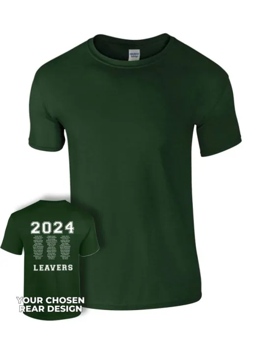 Leavers T-Shirt with students names printed to rear in 3 columns, "Design 1"