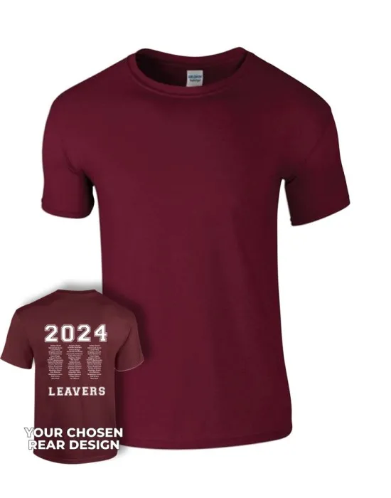 Leavers T-Shirt with students names printed to rear in 3 columns, "Design 1"