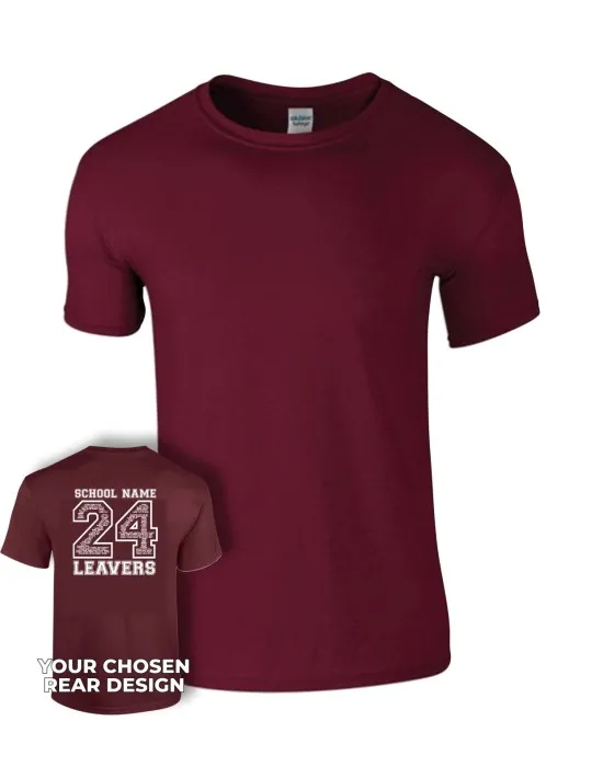 Kids Leavers T-Shirt with students names printed to rear in the number of the year & your logo embroidered to the front, "Design 2"