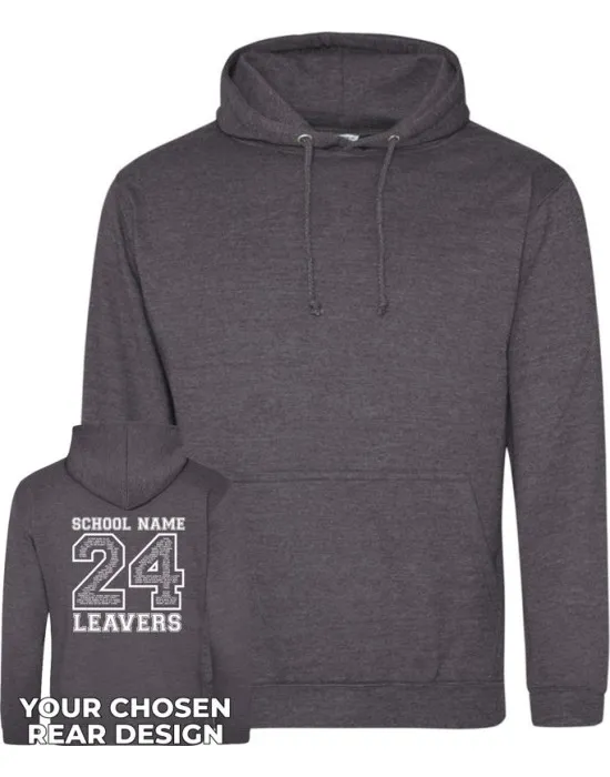Leavers Hoodie with students names printed to rear in the number of the year & your logo embroidered to the front, "Design 2"