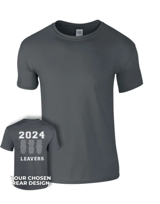 Leavers T-Shirt with students names printed to rear in 3 columns, "Design 1"
