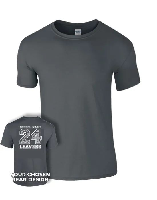 Kids Leavers T-Shirt with students names printed to rear in the number of the year & your logo embroidered to the front, "Design 2"