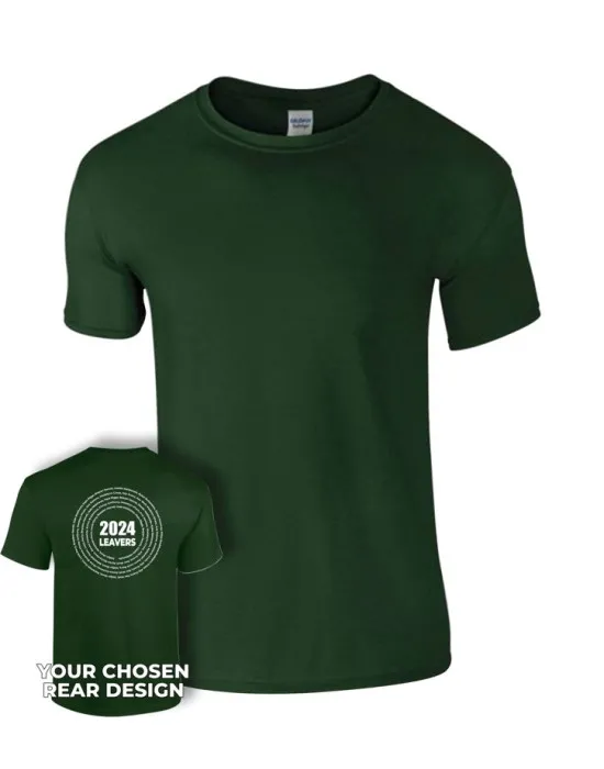 Kids Leavers T-Shirt with students names printed to rear in multiple circles & your logo embroidered to the front, "Design 3"