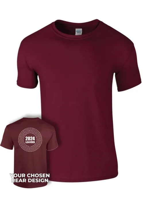 Kids Leavers T-Shirt with students names printed to rear in multiple circles & your logo embroidered to the front, "Design 3"