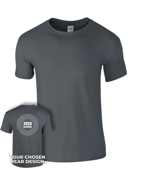 Kids Leavers T-Shirt with students names printed to rear in multiple circles & your logo embroidered to the front, "Design 3"