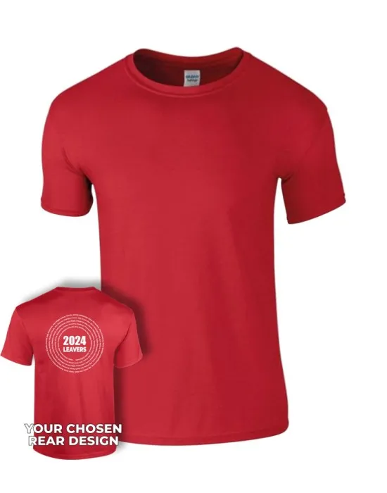 Kids Leavers T-Shirt with students names printed to rear in multiple circles & your logo embroidered to the front, "Design 3"