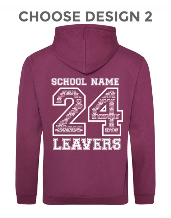 Leavers Hoodie with students names printed to rear in the number of the year, "Design 2"