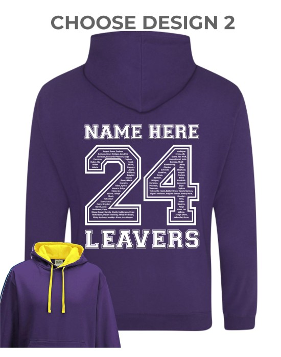 Varsity Style Leavers Hoodie with students names printed inside year number, "Design 2"
