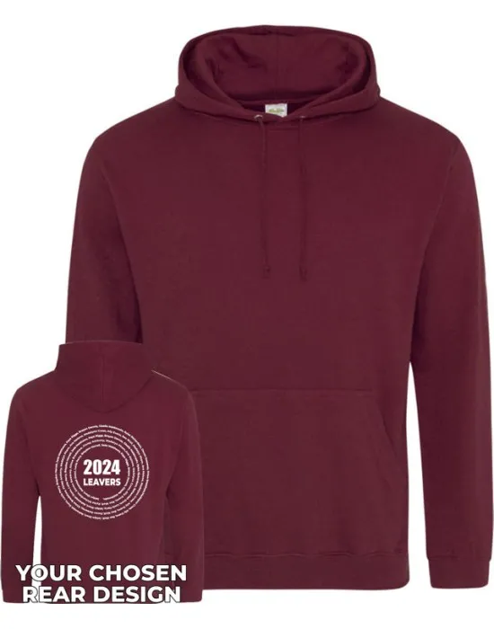 Leavers Hoodie with students names printed to rear in multiple circles & your logo embroidered to the front, "Design 3"