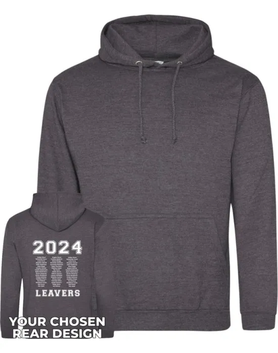Leavers Hoodie with students names printed to rear in 3 columns & your logo embroidered to the front, "Design 1"