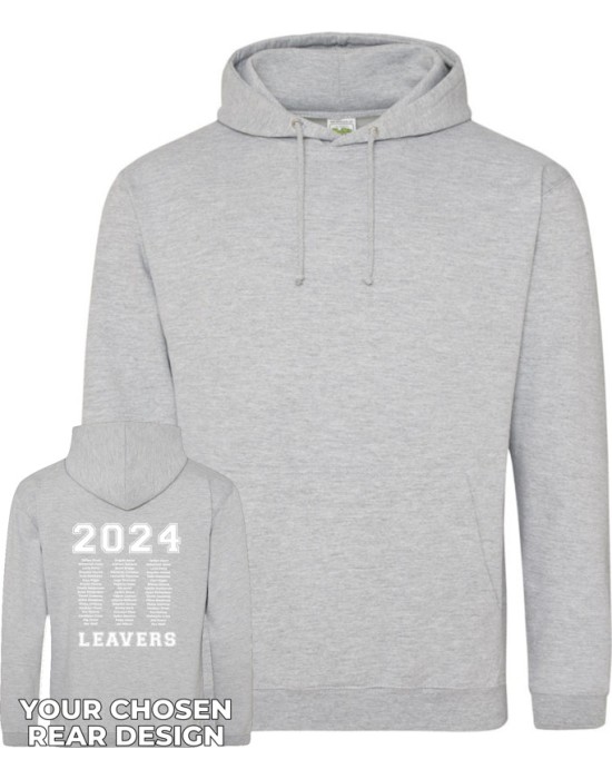 Leavers Hoodie with students names printed to rear in 3 columns, "Design 1"