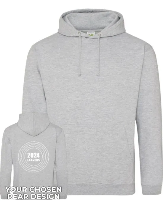 Leavers Hoodie with students names printed to rear in multiple circles & your logo embroidered to the front, "Design 3"