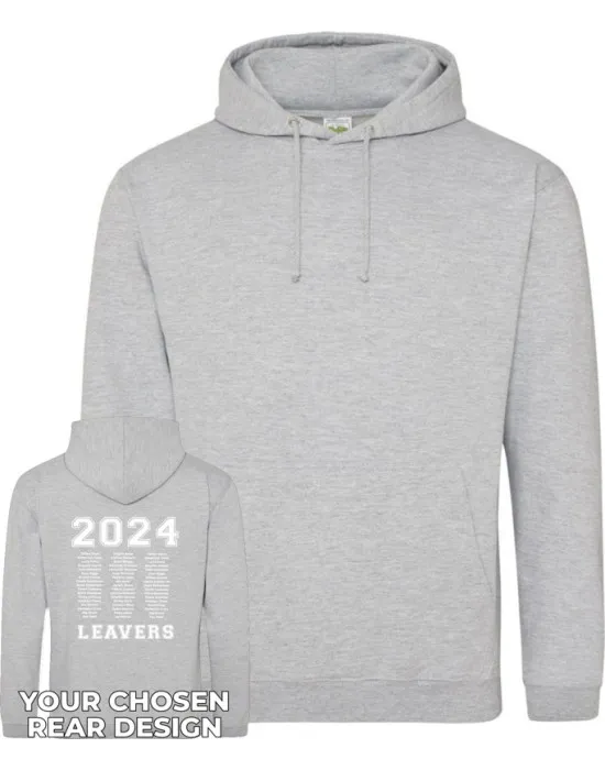 Leavers Hoodie with students names printed to rear in 3 columns & your logo embroidered to the front, "Design 1"