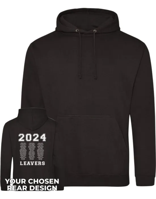 Leavers Hoodie with students names printed to rear in 3 columns & your logo embroidered to the front, "Design 1"