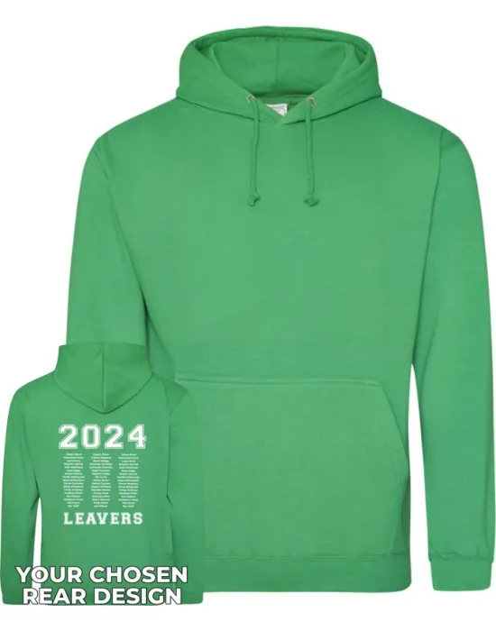 Leavers Hoodie with students names printed to rear in 3 columns & your logo embroidered to the front, "Design 1"