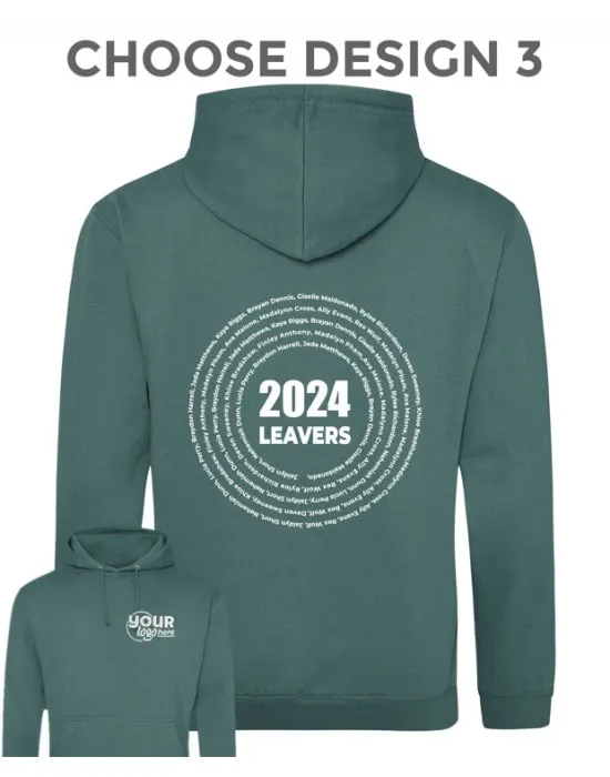 Leavers Hoodie with students names printed to rear in multiple circles & your logo embroidered to the front, "Design 3"