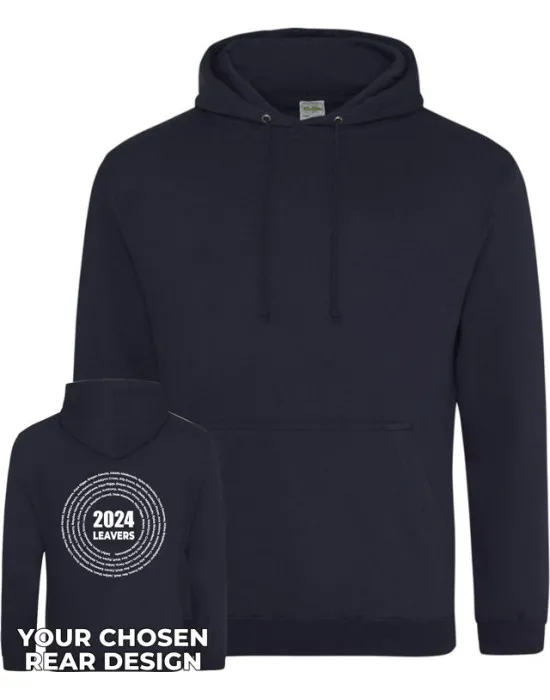 Leavers Hoodie with students names printed to rear in multiple circles & your logo embroidered to the front, "Design 3"