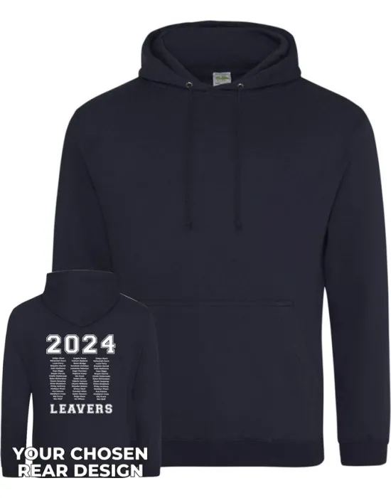 Leavers Hoodie with students names printed to rear in 3 columns & your logo embroidered to the front, "Design 1"