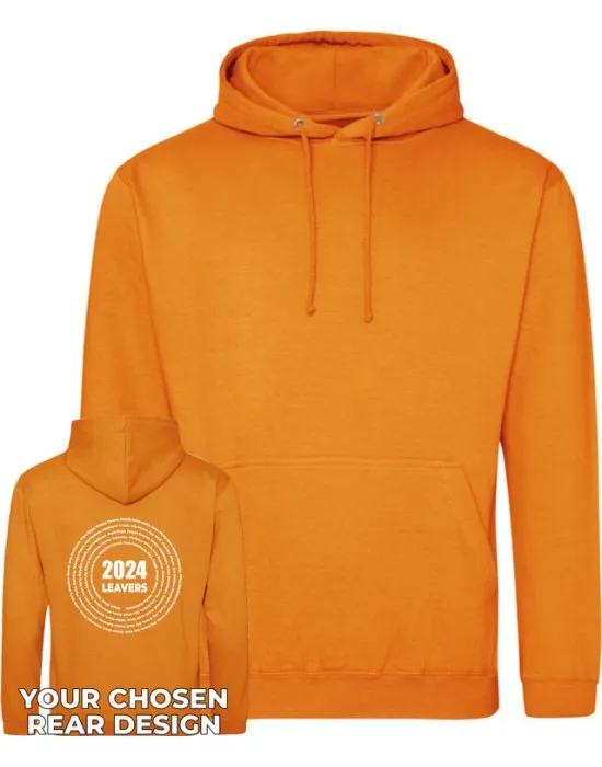 Leavers Hoodie with students names printed to rear in multiple circles & your logo embroidered to the front, "Design 3"