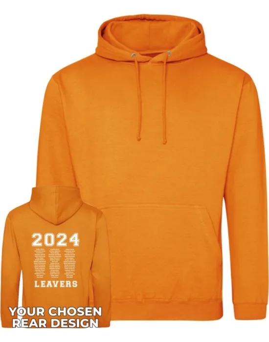 Leavers Hoodie with students names printed to rear in 3 columns & your logo embroidered to the front, "Design 1"