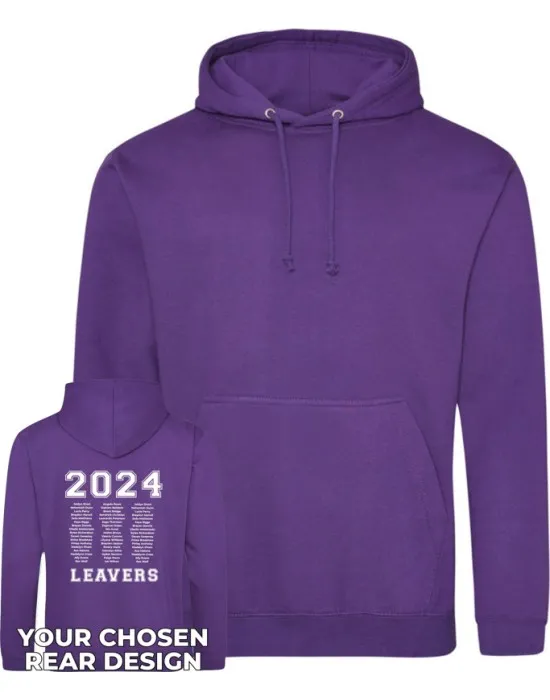 Leavers Hoodie with students names printed to rear in 3 columns & your logo embroidered to the front, "Design 1"