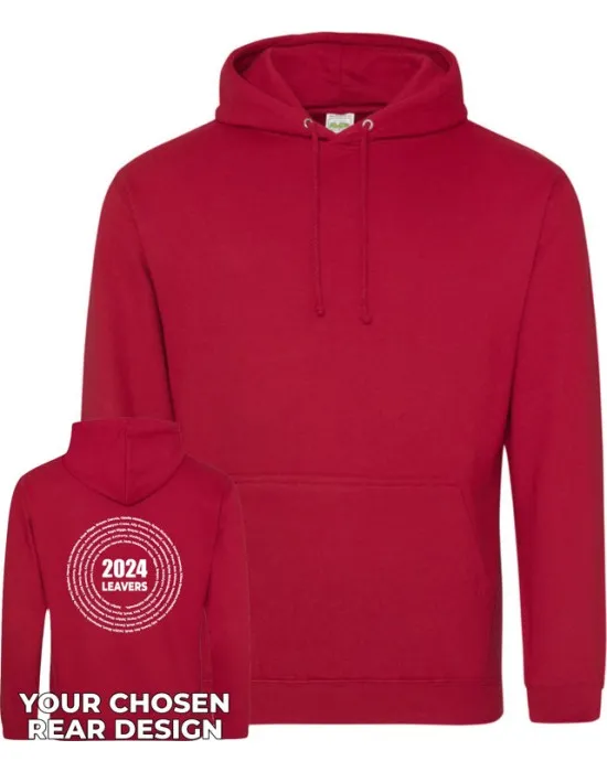 Leavers Hoodie with students names printed to rear in multiple circles & your logo embroidered to the front, "Design 3"