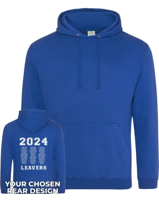 Kids Leavers Hoodie with students names printed to rear in the number of the year, "Design 2"