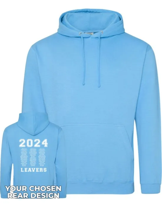 Kids Leavers Hoodie with students names printed to rear in the number of the year, "Design 2"