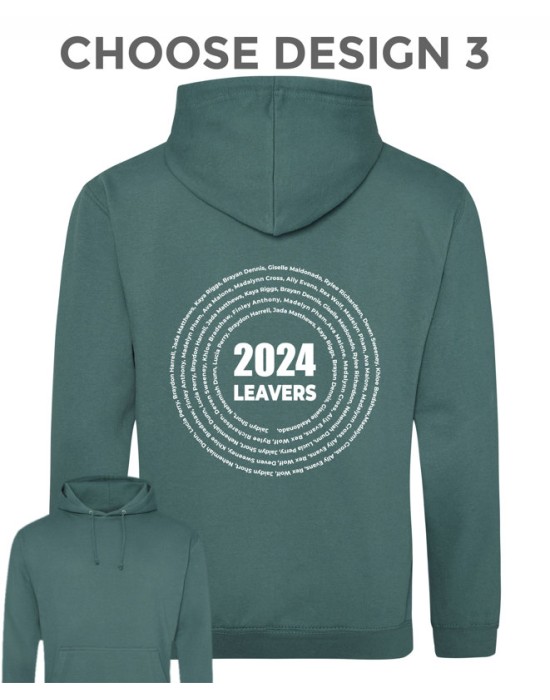 Leavers Hoodie with students names printed to rear in multiple circles, "Design 3"