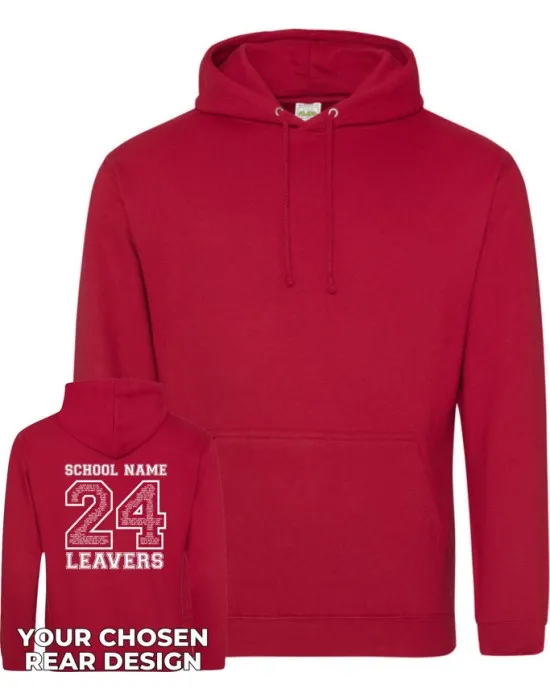 Leavers Hoodie with students names printed to rear in the number of the year & your logo embroidered to the front, "Design 2"