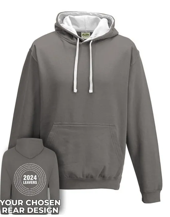 Varsity Leavers Hoodie with students names printed to rear in the number of the year & your logo embroidered to the front, "Design 3"