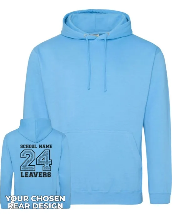 Leavers Hoodie with students names printed to rear in the number of the year & your logo embroidered to the front, "Design 2"