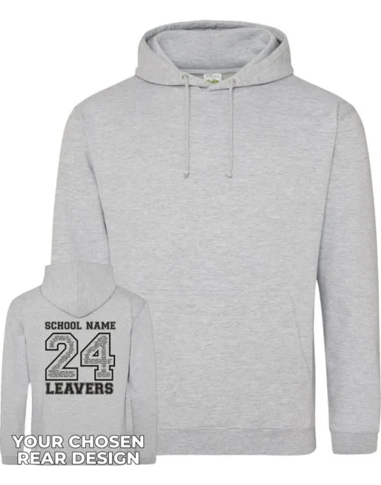 Leavers Hoodie with students names printed to rear in the number of the year & your logo embroidered to the front, "Design 2"
