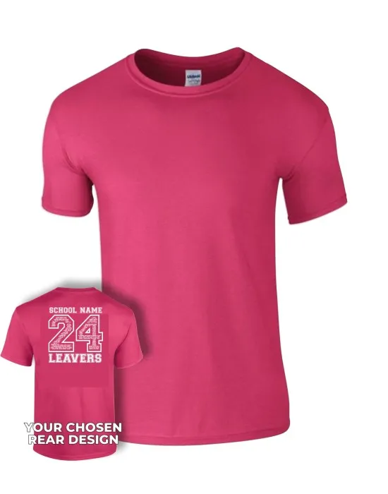 Kids Leavers T-Shirt with students names printed to rear in the number of the year & your logo embroidered to the front, "Design 2"